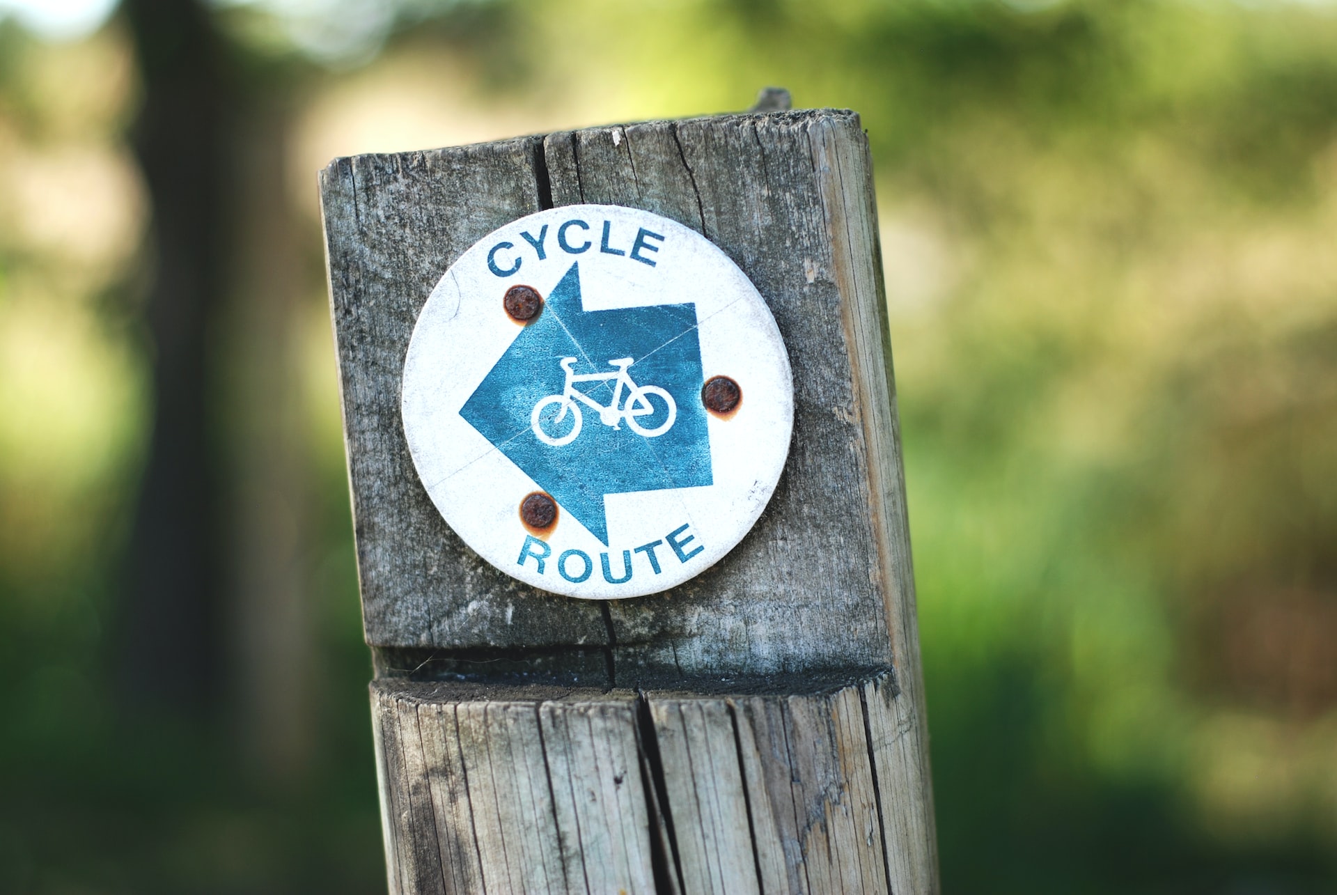 A wooden sign post with a circular sign attached. The sign has a blue arrow with a white bike motif. Text on it reads 'cycle route'